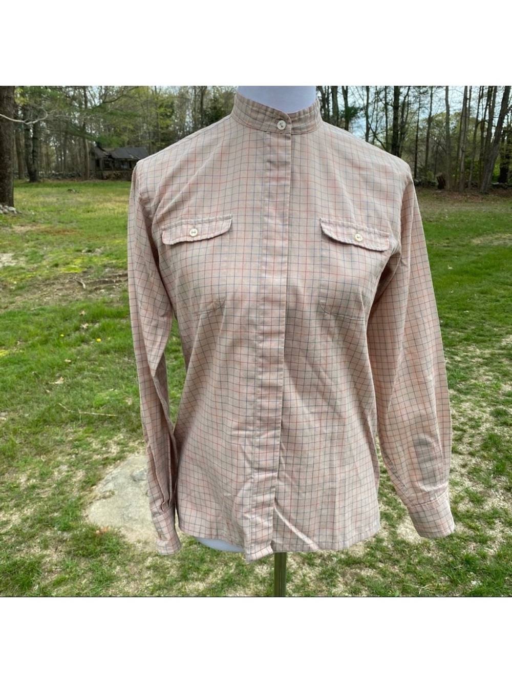 HALSTON III VINTAGE TOP BLOUSE TAN PLAID SIZE 6